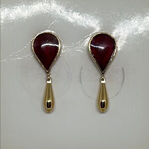 Vintage Burgundy and Gold Drop Earrings with Teardrop Design